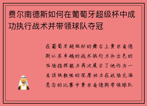 费尔南德斯如何在葡萄牙超级杯中成功执行战术并带领球队夺冠