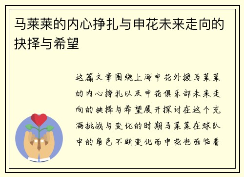 马莱莱的内心挣扎与申花未来走向的抉择与希望